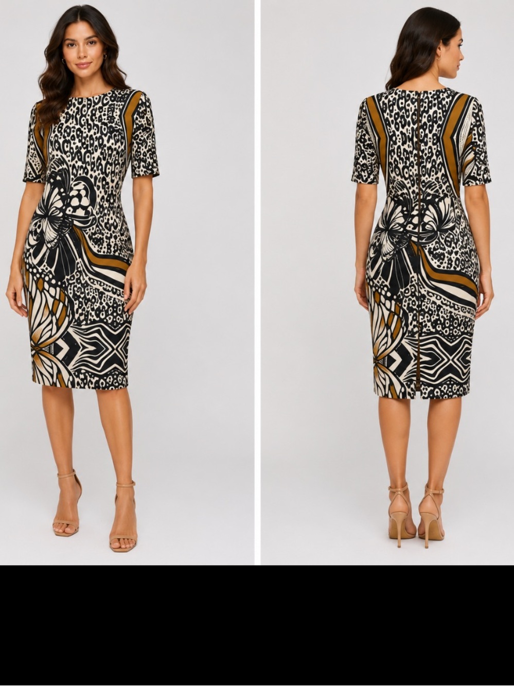 Gabby Skye Black, White & Gold Print Midi Dress Size 14 NEW w/o tags